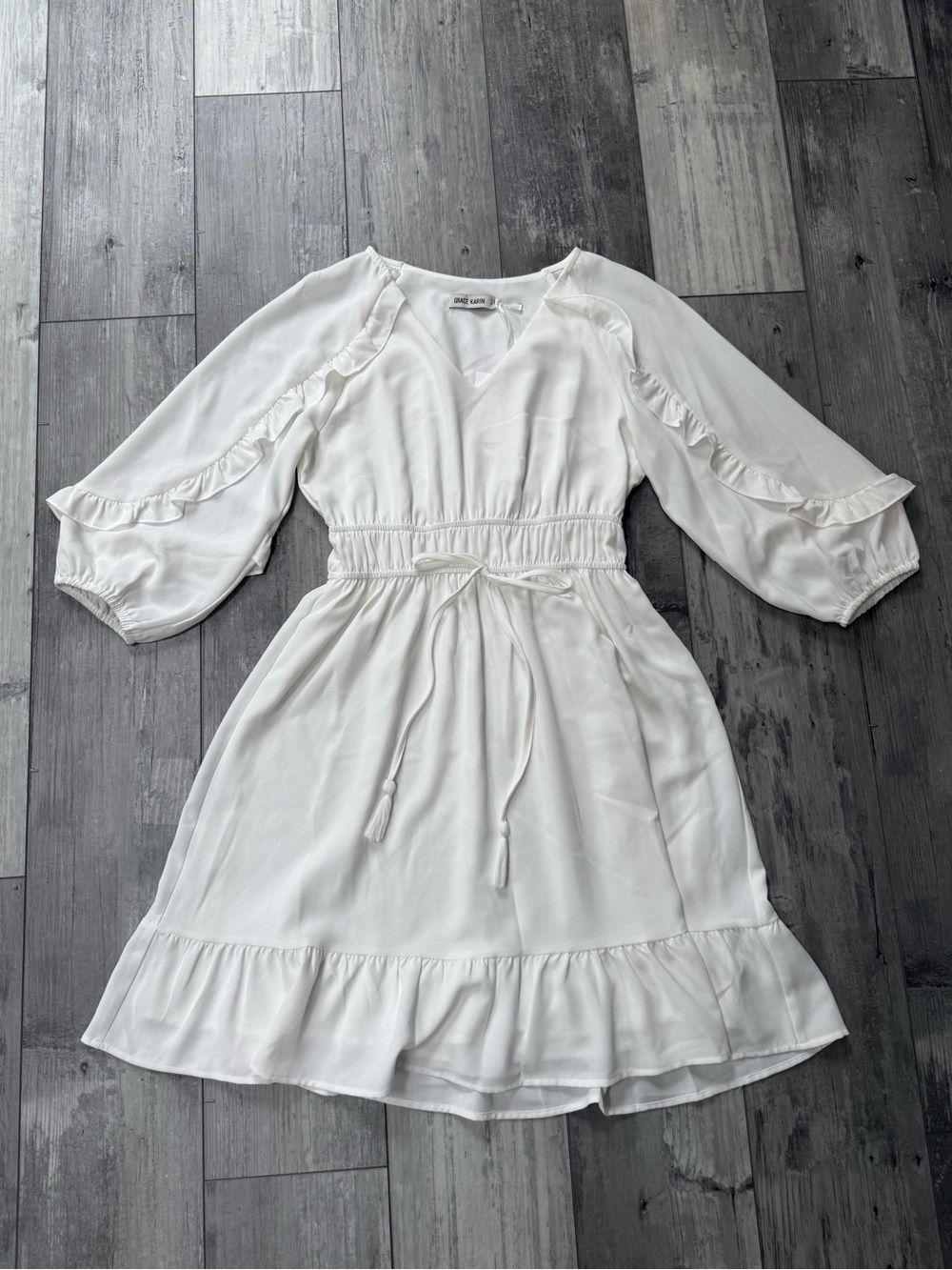 Grace Karin White Ruffle Sleeve Dress Smocked Waist Boho NWT Small